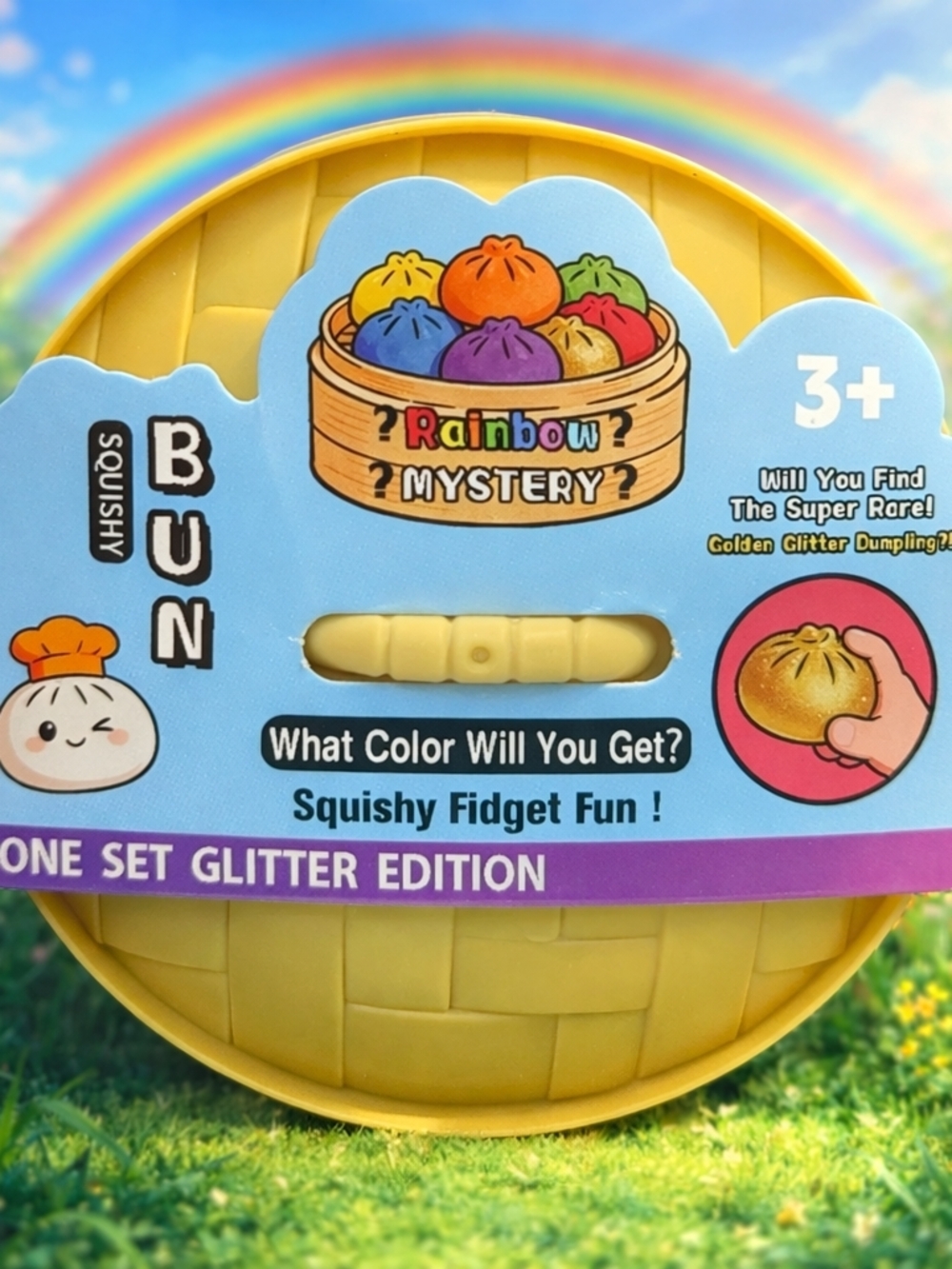 Rainbow Mystery Squishy Bun - Yellow Glitter Edition